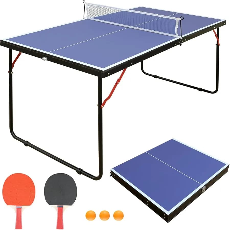 Tavolo da ping pong pieghevole di medie dimensioni con superficie di gioco di dimensioni standard include 2 pagaie 2 palline 1 rete e 4 ruote per interni a