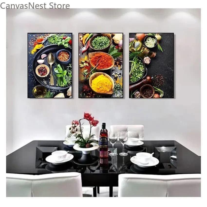Colorful Spices and Fresh Herbs Canvas Wall Art Set, Kitchen Restaurant Cooking Seasoning Food Poster Prints