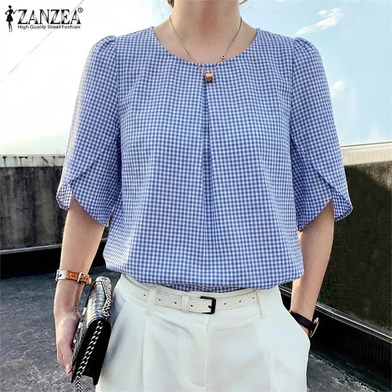 ZANZEA 2026 Camicetta scozzese estiva Camicia moda Donna Elegante manica corta a petalo Camicette da lavoro Casual O Collo Vacanza Blusas Tunica