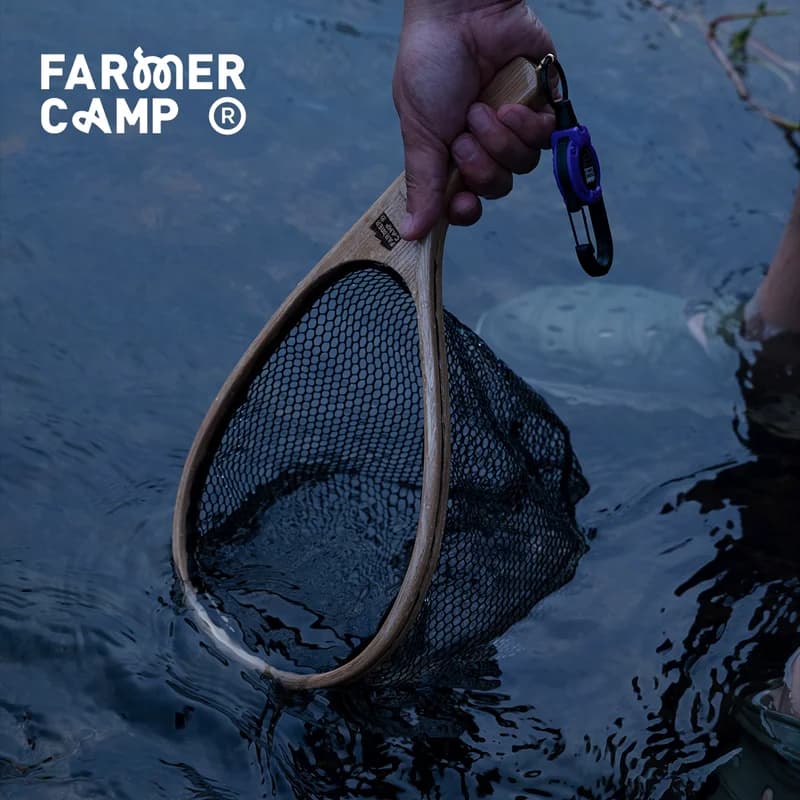 Farmer Camp Rete da pesca da sentiero a forma di pera in legno di olmo retrò, pesca volante in flusso, attrezzatura da pesca con microobgetto, borsa per rete da pesca
