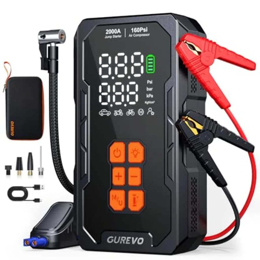 Avviatore di Emergenza 2000A con Compressore d'Aria, Avviatore Portatile per Batteria Auto, Gonfiatore Pneumatici 160PSI con Spegnimento Automatico per Benzina 8.