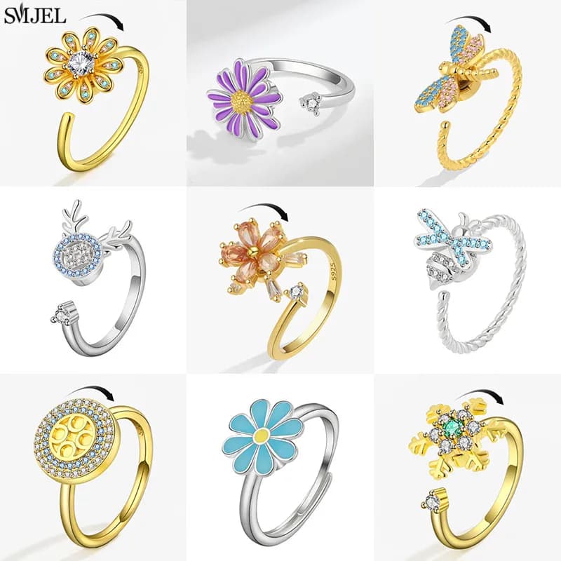 SMJEL Cristallo Girasole Fidget Spinner Anello Ansia per le donne Moda Ape Libellula Animale Knuckle Anelli Gioielli da sposa Regali
