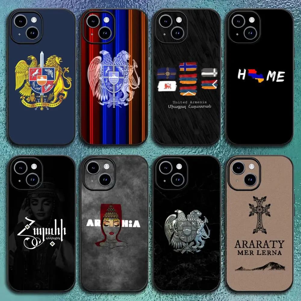 Custodia per telefono con bandiera dell'Armenia e design passaporto, per iPhone 17 16 15 14 13 12 11 Pro Max Plus Mini, nera satinata, morbida, tipo Funda