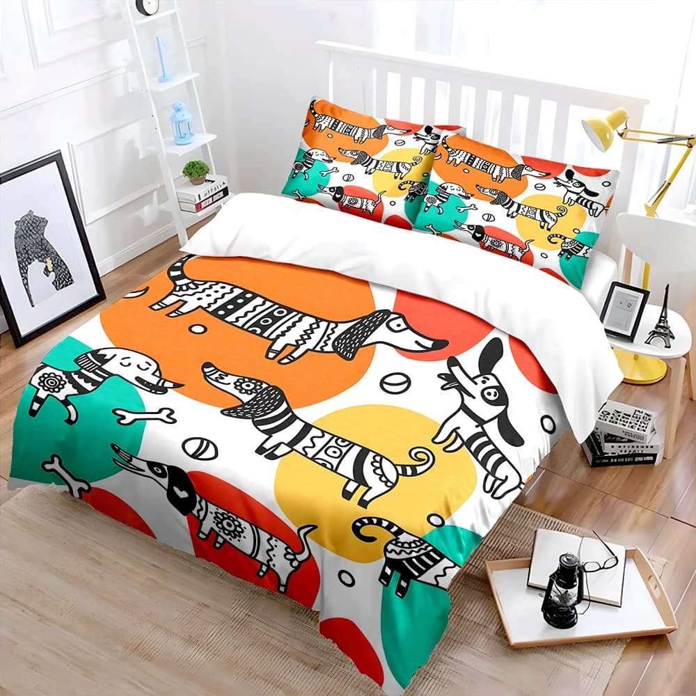 Set di biancheria da letto con cani con motivi a cartoni animati e sfondo colorato, 1 copripiumino, 2 federe per adulti e bambini, regalo di lusso, misura completa