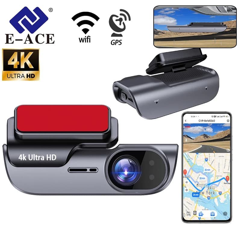 E-ACE Dash Cam 4K Ultra HD with Integrated WiFi, Video Recorder for Cars with GPS, Night Vision and Monitoring Parking 24H
