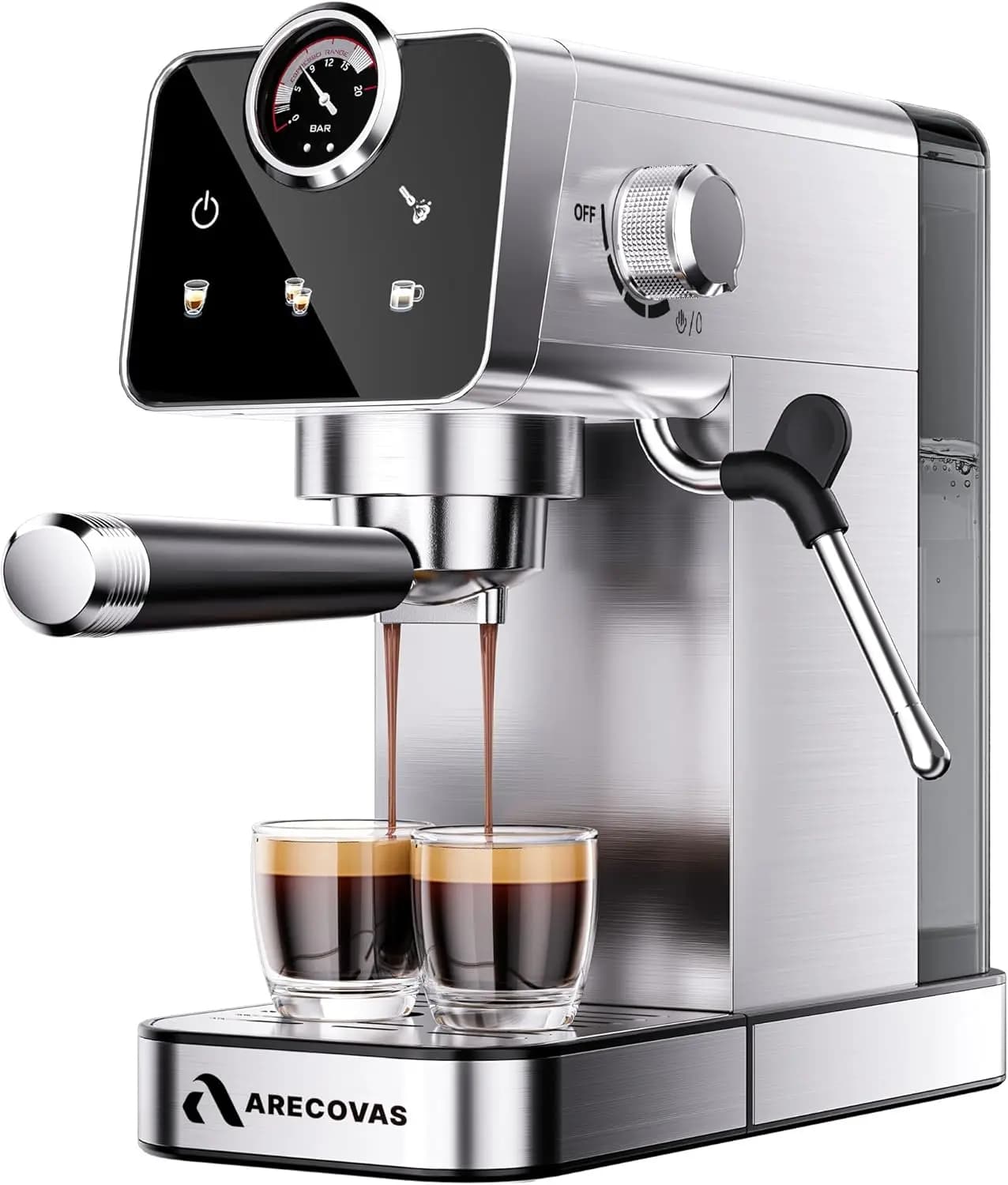 Macchina per Espresso 20 Bar con Montalatte, Compatta con Schermo Touch, Serbatoio da 41oz per Casa, in Acciaio Inox per Latte e Cappuccino