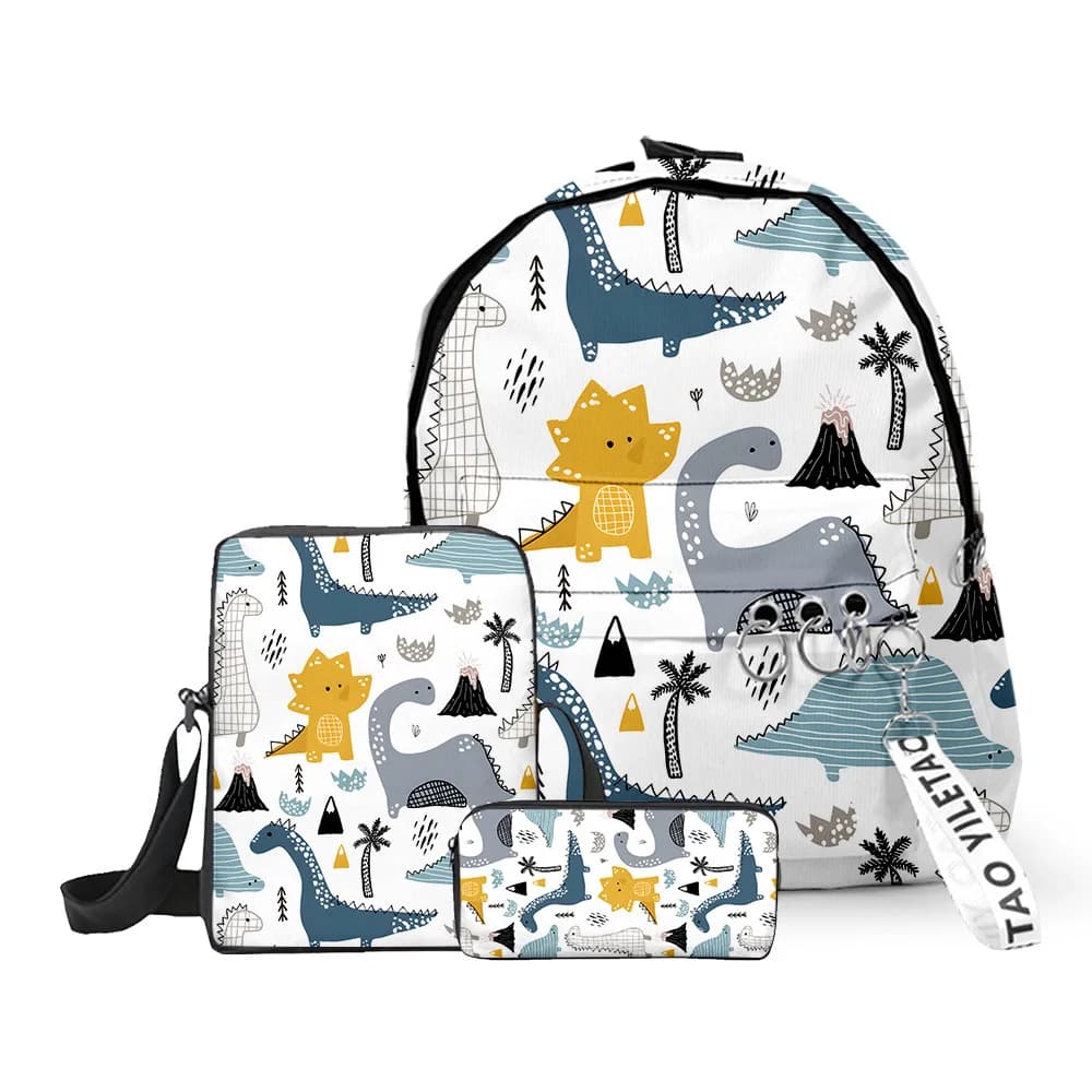 Lusso popolare divertente dinosauro stampa 3D 3 pezzi / set borse da scuola per alunni Oxford portachiavi zaino borsa a tracolla inclinata astuccio