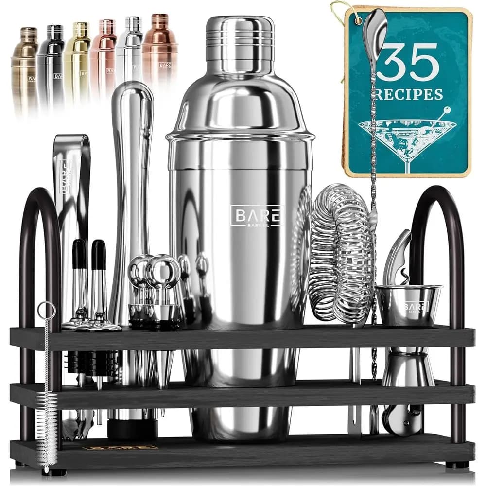 Set da Cocktail 14 Pezzi | Utensili Premium per Miscelazione Cocktail | Kit da Barman per Casa con 35 Carte di Ricette | Shaker Cobbler da 24oz, Si