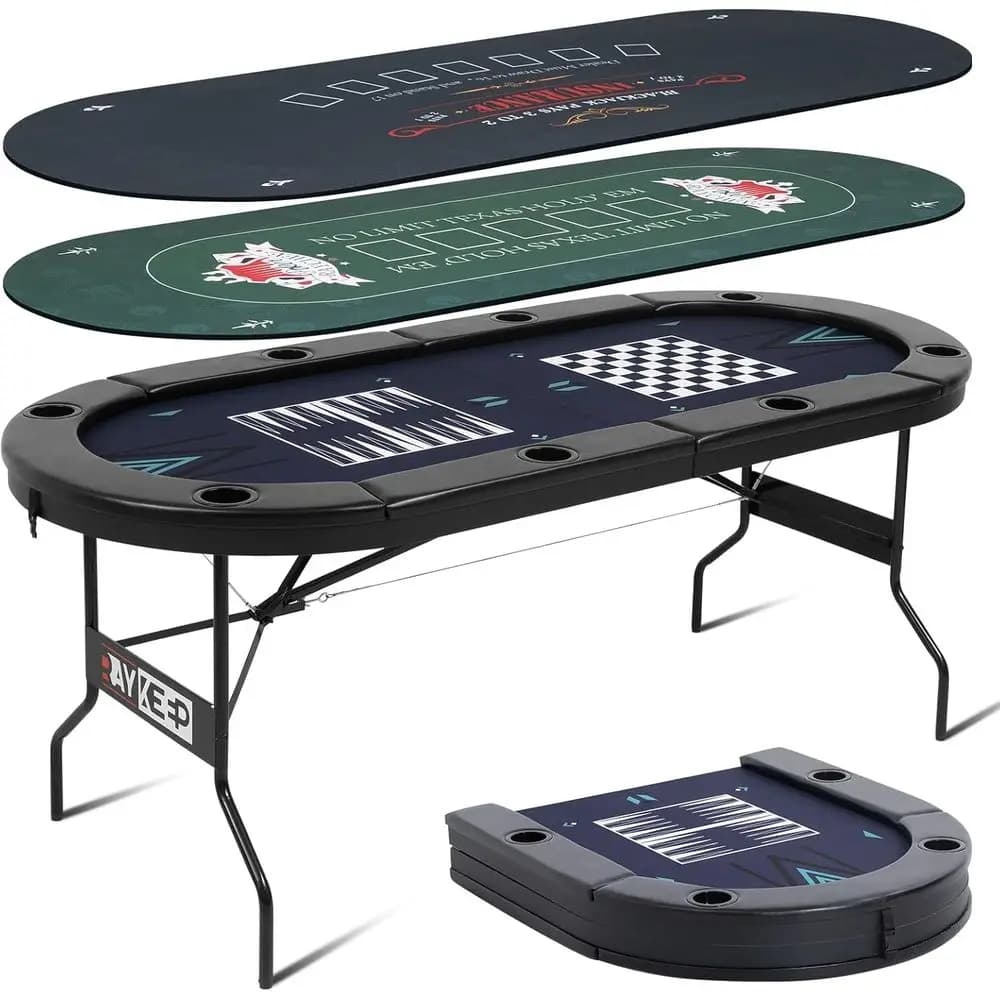 Tavolo da Poker Multifunzione 72 Posti con 8 Sedute, Design Pieghevole, Tappetino Texas Hold'em/Blackjack e Scacchiera/Backgammon Integrata