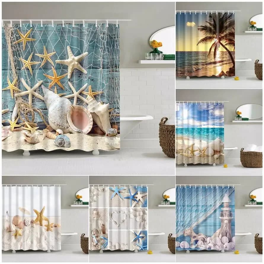 Mare Scenic Beach Conchiglie Tende da doccia Stella marina Conchiglia Bordo blu Palme Tramonto Natura Paesaggio Tenda da bagno Decor