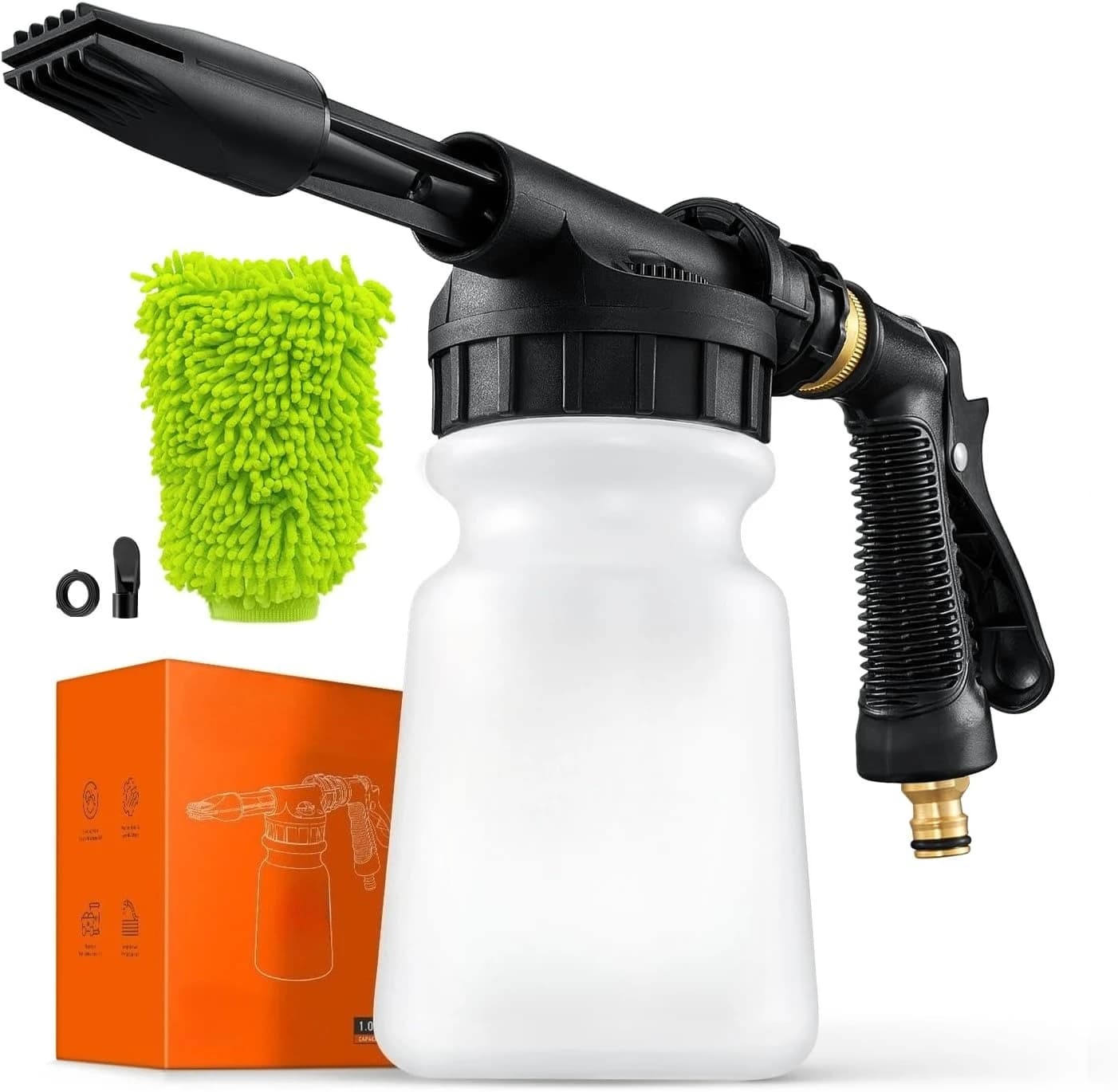 Car wash sprocket in foam, quickly connects to most garden hoses, comes with a universal 3/4 inch tube and a 3/8 inch quick connector.