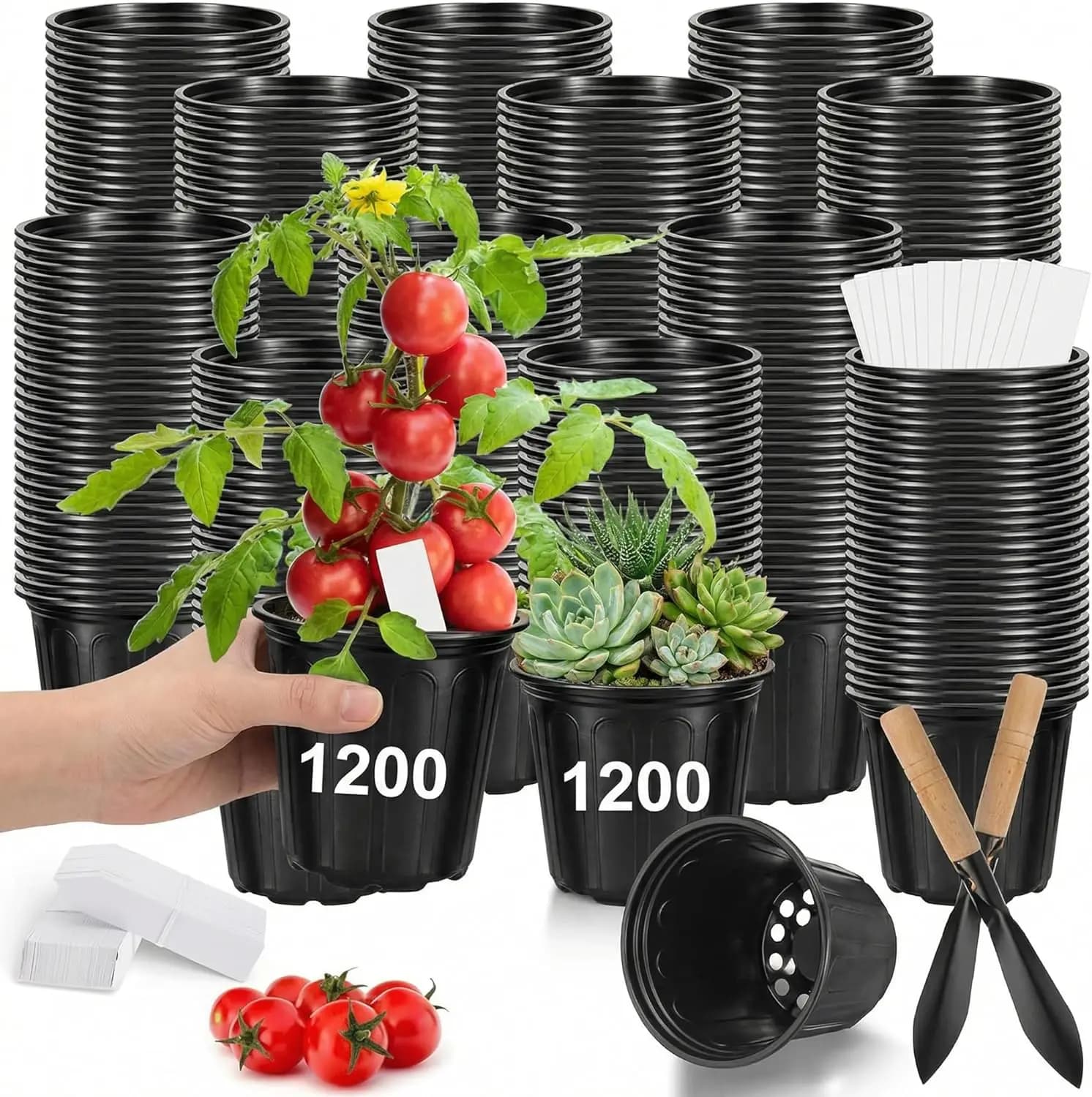 Bulk 1200 Pack 1 Gallon Plastic Nursery Pots with Drainage Holes, Thickened Soft Black Seedling Containers, Includes Plant Labels and Shovel for Flowers, Succulents, Seeds