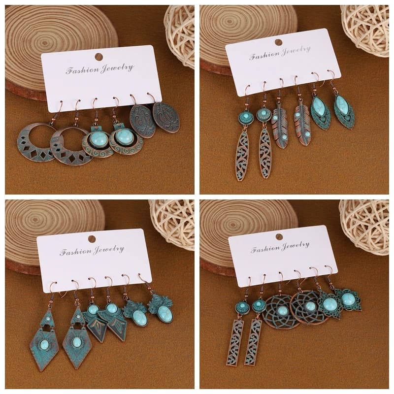 Vintage Boho Dreamcatcher Hollow Pendant Earring Women Fashion Blue Stone Geometric Metal Earrings Ethnic Tribal Ear Jewelry