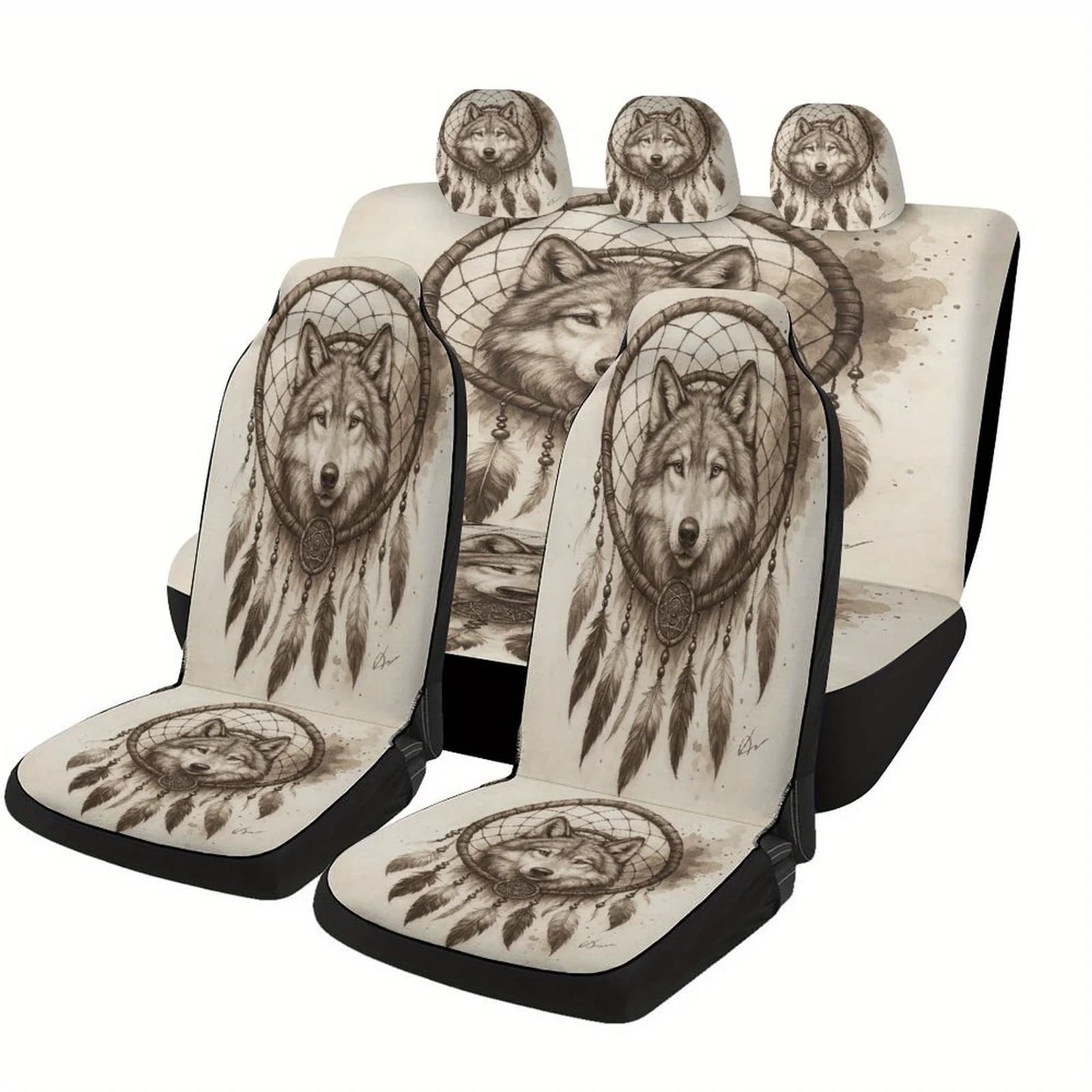Wolf Dreamcatcher Designed Car Seat Cover Set For Most Cars, Trendy Novelty High-quality Car Seat Protector Covers Full Set, Uni