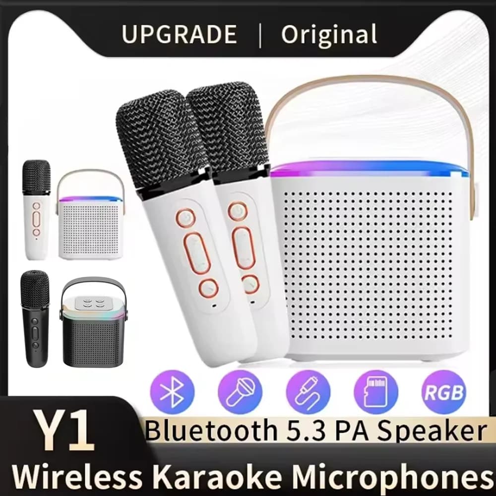Y1 Microfoni Wireless Doppi per Karaoke, Sistema KTV DSP, Altoparlante Bluetooth 5.3, Audio HIFI Stereo Surround, Luci LED RGB Colorate