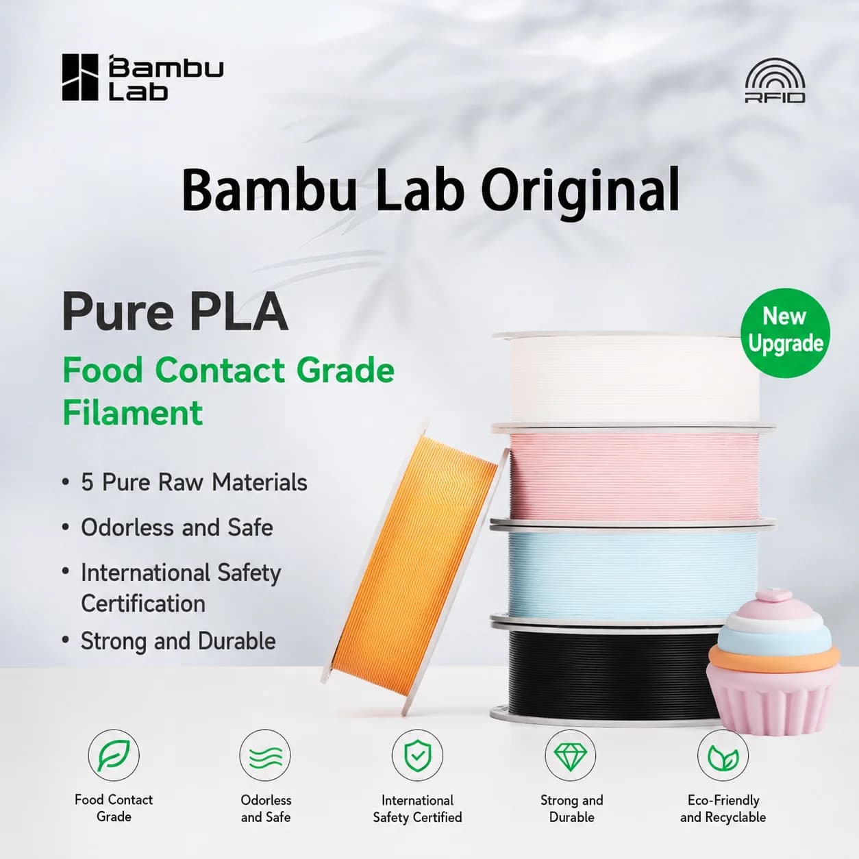 Filamento PLA Puro Originale Bambu Lab per Stampante 3D, 1KG, Grado Alimentare, Materiale di Stampa DIY, Consumabili per Macchine