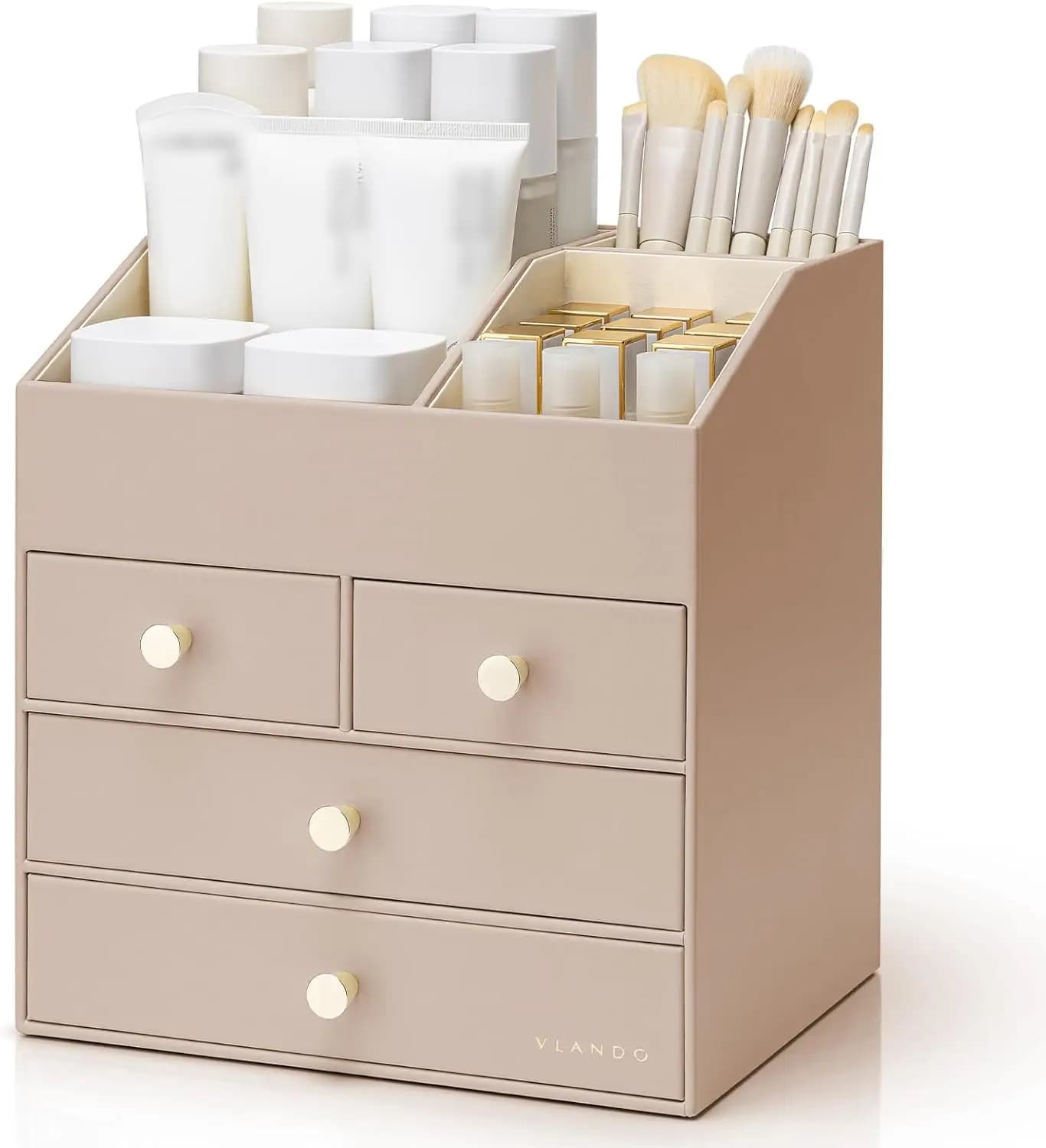 Grande organizer da toeletta con 4 cassetti, portaoggetti per trucco in pelle PU per rossetti e pennelli, color caramello