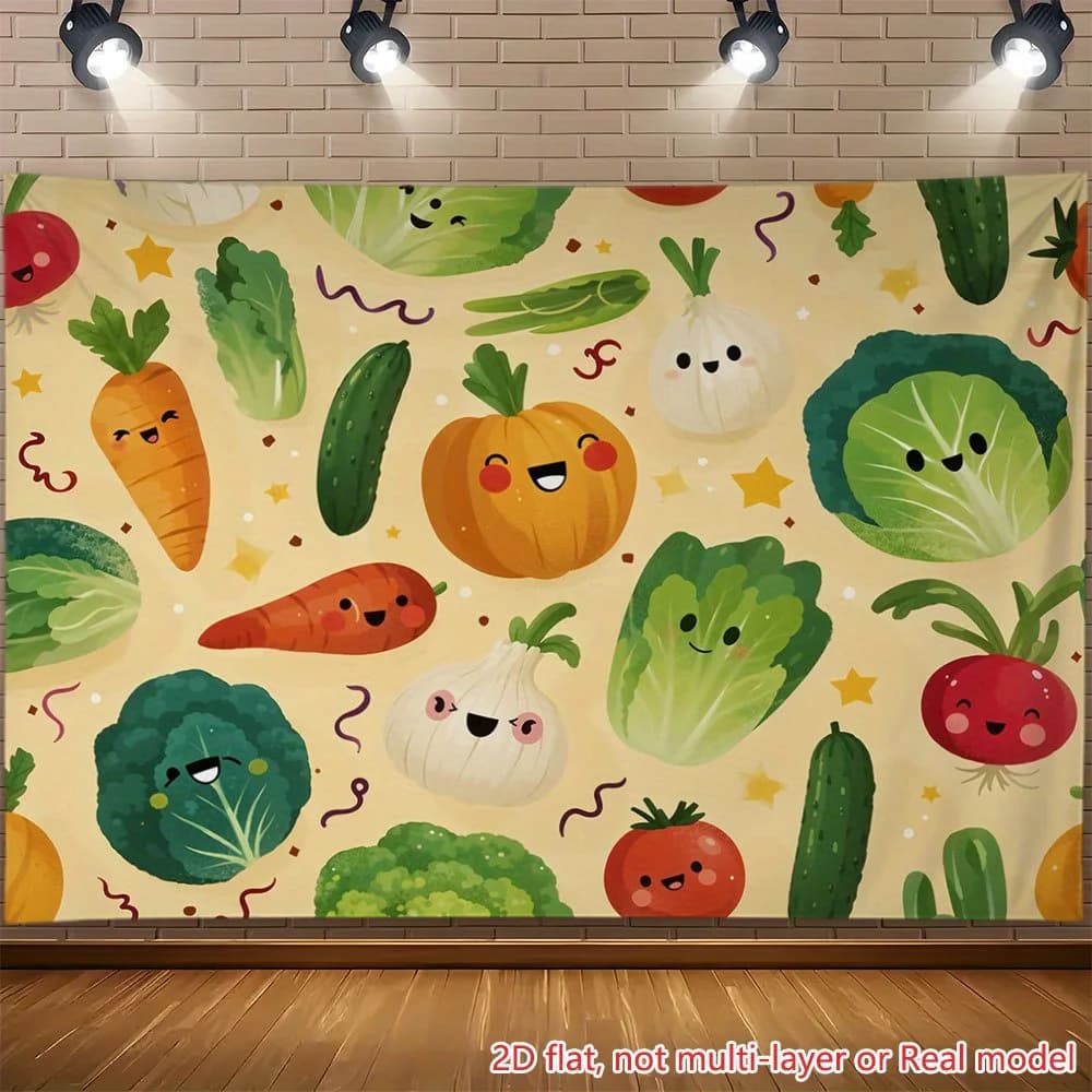Cute Cartoon Vegetables Pattern Wall Tapestry for Kids Nursery Room Decor Whimsical Kitchen Garden Style Polyester