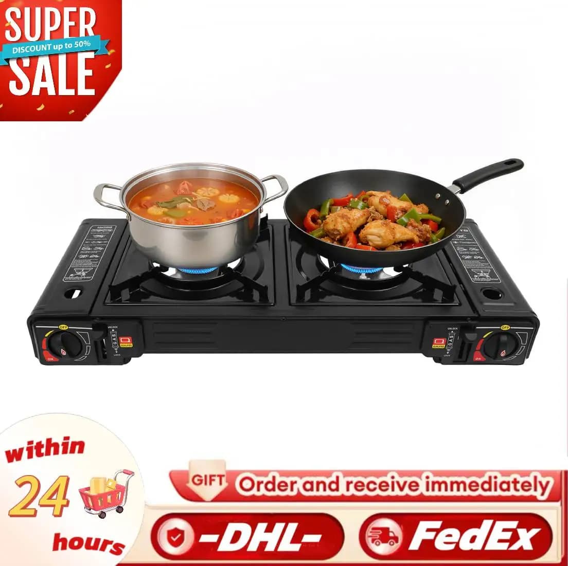 Fornello da Campeggio Portatile a 2 Fuochi con Vassoio da Forno e Custodia, 2.5KW, Accensione Automatica, a Gas Butano/GPL per Camper e Picnic all'Aperto