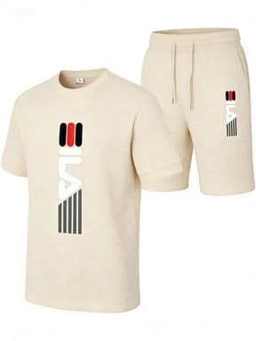 Completo da Uomo 2 Pezzi con Stampa Polo, Set T-shirt in Maglia Waffle + Pantaloncini, Tuta Casual Estiva, Streetwear Classico con Logo Cavaliere