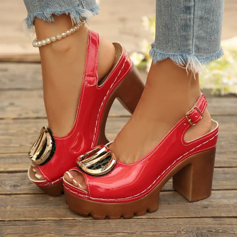 Metal Buckle Block Heel Sandals Round Toe One Buckle Platform Non-Slip Pumps