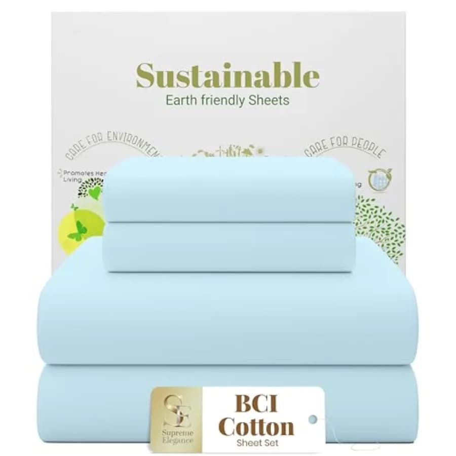 Set di 4 Lenzuola 100% Cotone Blu Cielo, 400 Fili, Tessuto Percalle, Fresche e Rinfrescanti, Stile Hotel, con Angoli Profondi