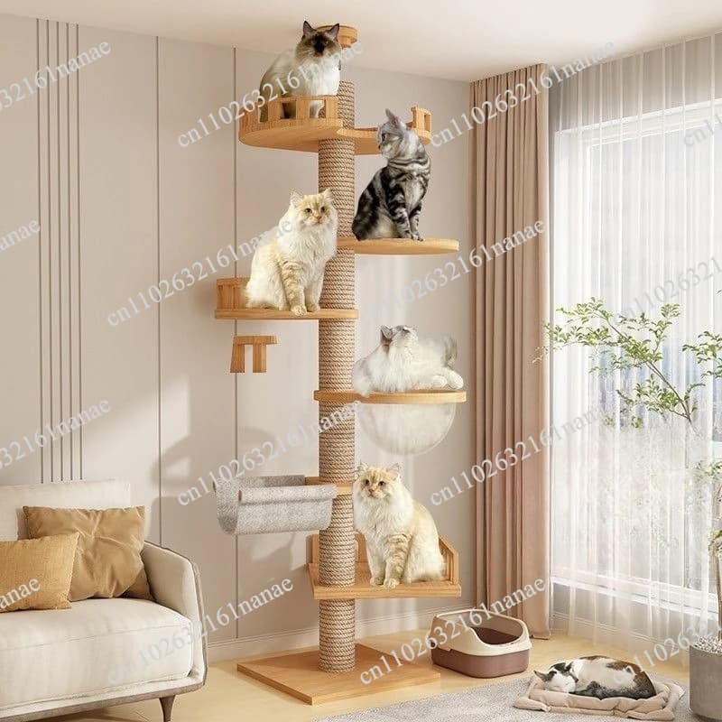 Cats Tree Floor Solid Wooden Pets Furniture Climbing Multifunction Kitten Trees Tower Adjustable Multilayer Cat Climbing Frame