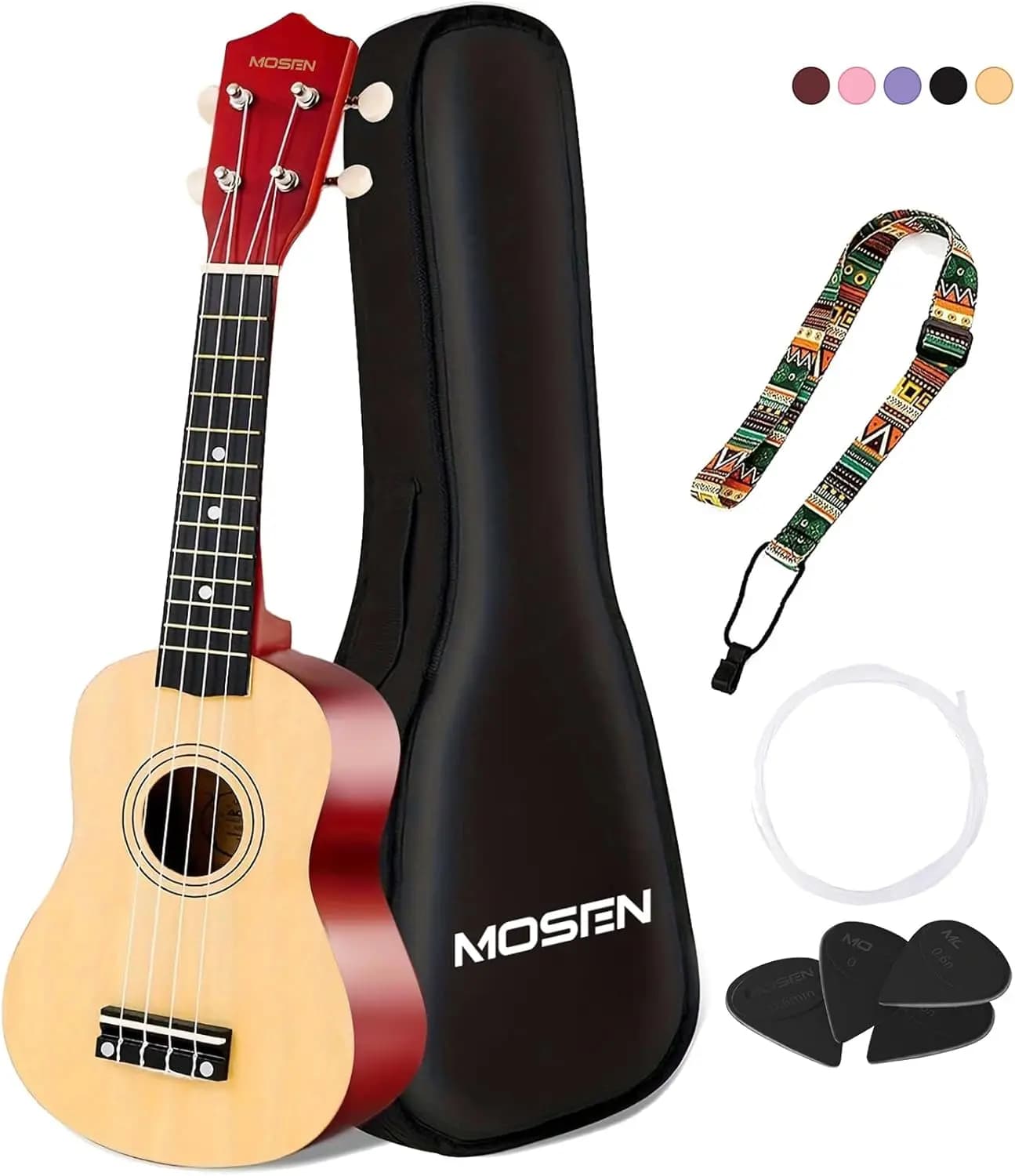 Ukulele Soprano da 21 Pollici per Principianti, Kit per Principianti, Mini Chitarra da Viaggio con Borsa, Tracolla, Plettri, Corde in Nylon, Legno Massello
