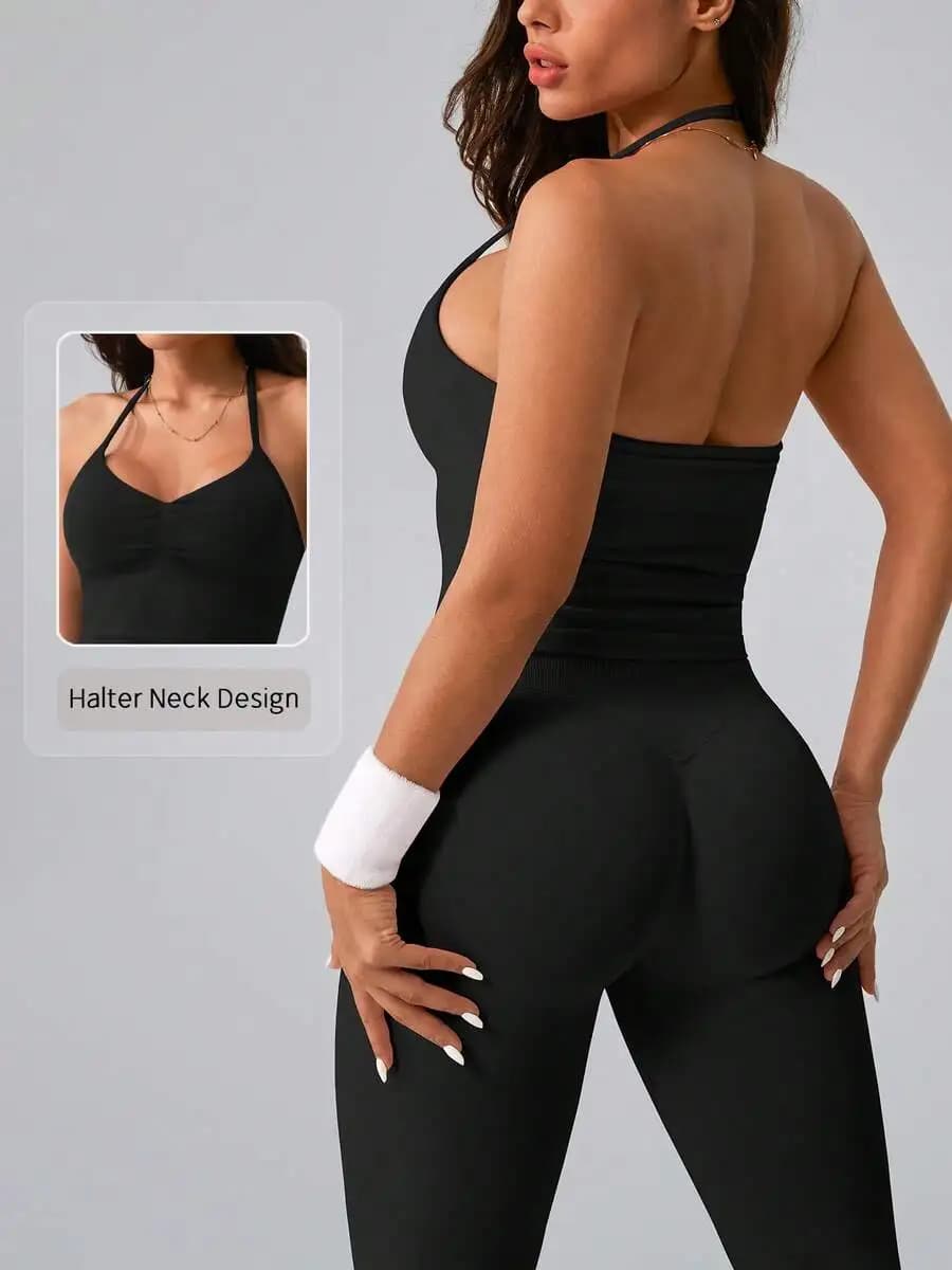 Set di top a canotta con collo all'americana in tessuto elasticizzato a costine e leggings da yoga da donna