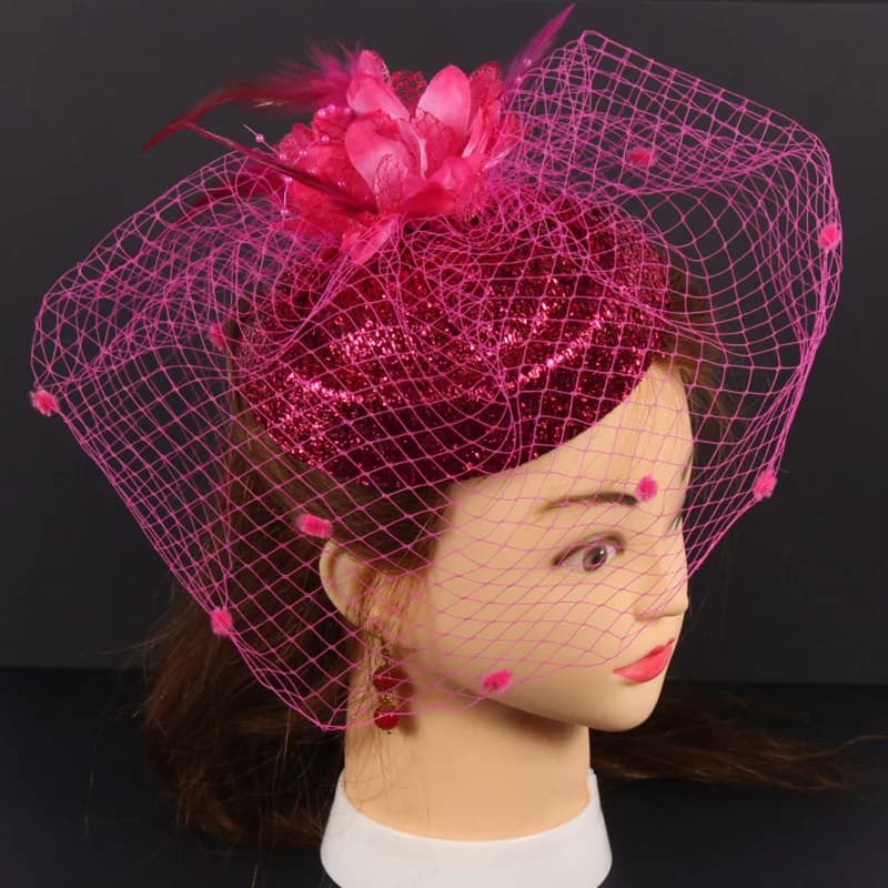 Womens Felt Fascinator Hat Fishnet Veil Plush Wave Point Decor Hair Clips Top Hat for Party Wedding Bridal Cocktail Headwear