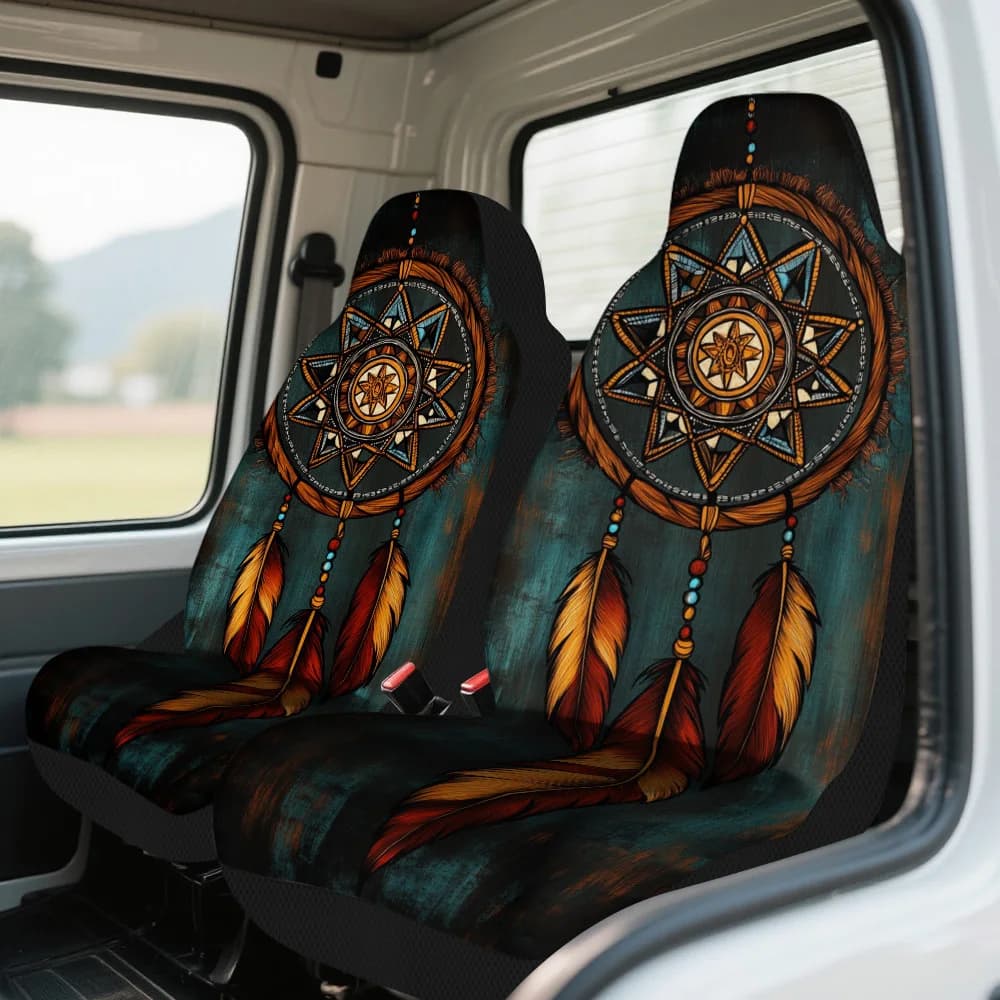 2pcs Dreamcatcher With Fiery Feathers Themed Car Seat Covers Set – Universal Fit, High-Quality Durable Full Set For Front Seats,