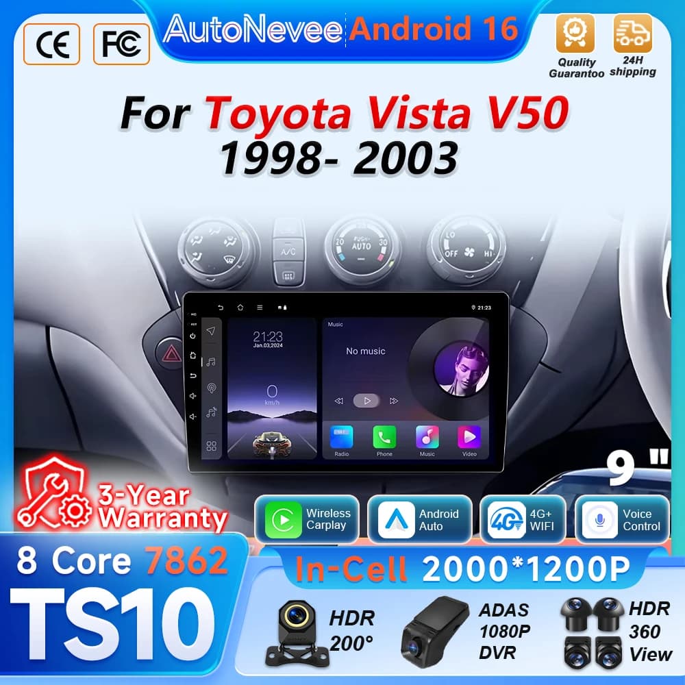 Android 16 Auto Car Radio For Toyota Vista V50 1998 1999 2000 2001 2002 2003 Multimedia Player 5G Wifi 2din GPS Navigation DSP