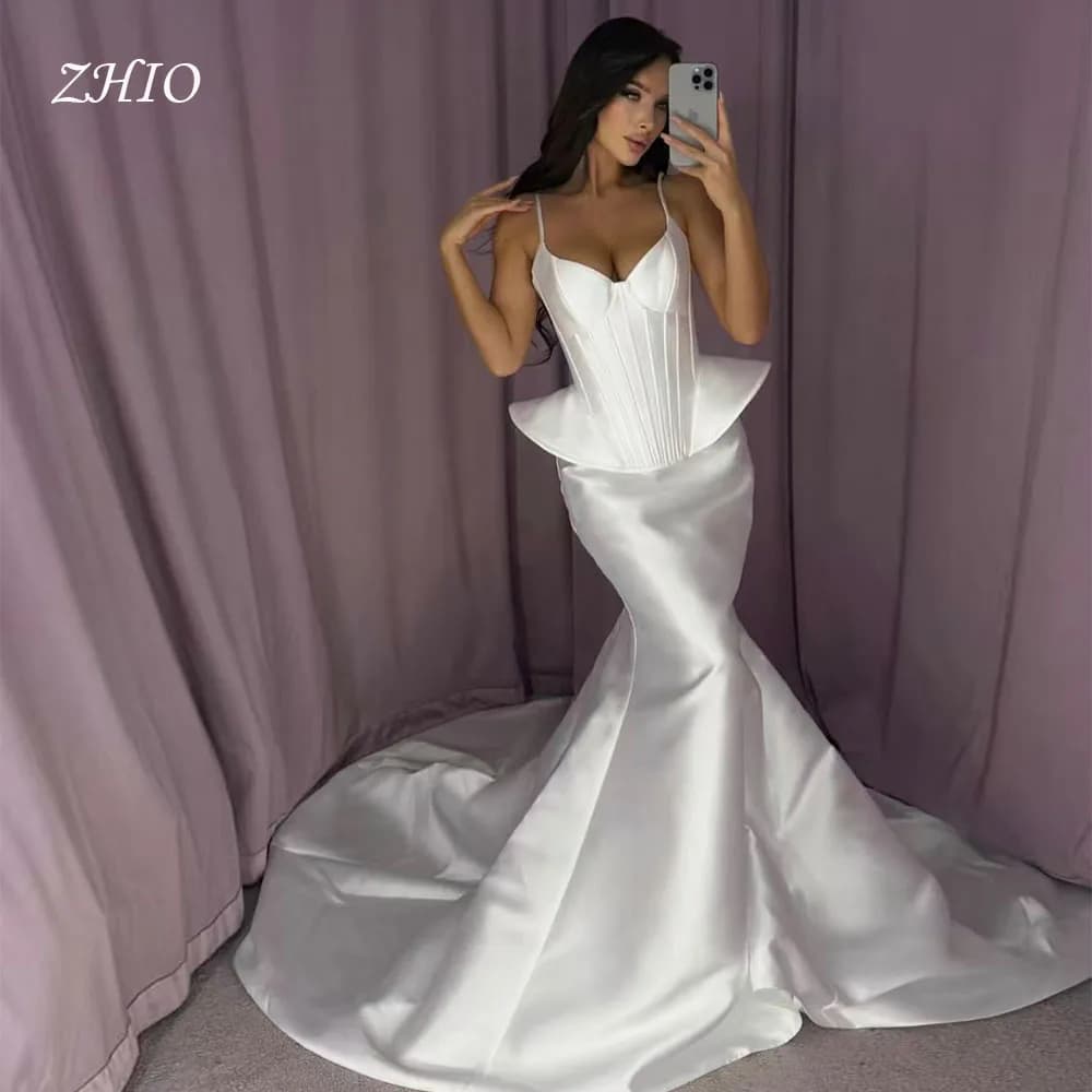ZHIO Abito da cerimonia nuziale moderno a sirena per la sposa Corsetto con scollo a V Avorio Raso Sweep Train Abito da sera Personalizzato Vestido de novia