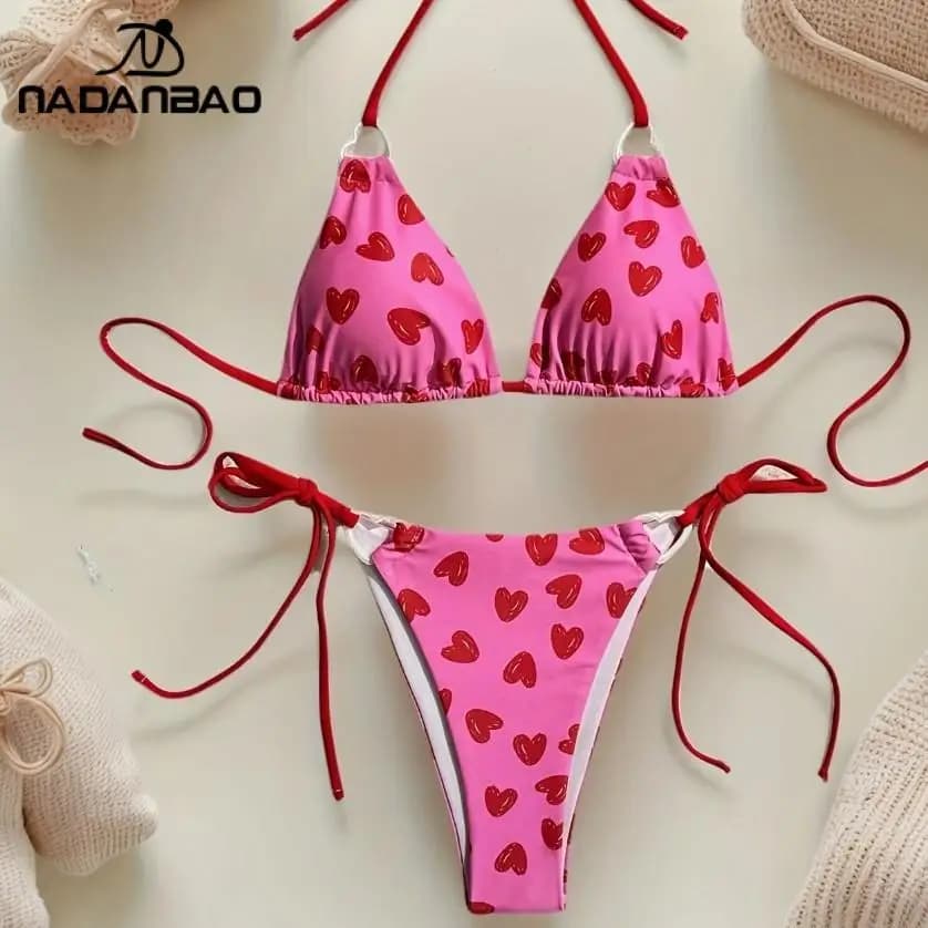 Bikini Nadanbao con Stampa a Cuore per Donne, Costume da Bagno Sexy con Schiena Scoperta e Spalline, Rosso Rosa, Aderente, per San Valentino