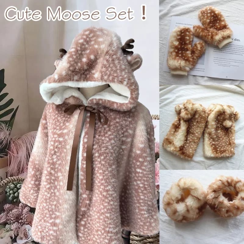 Christmas coat with polka dots with cervo printed cute in winter women's Japanese plush Jacket with alce wind shawl with deer Kawai thickened