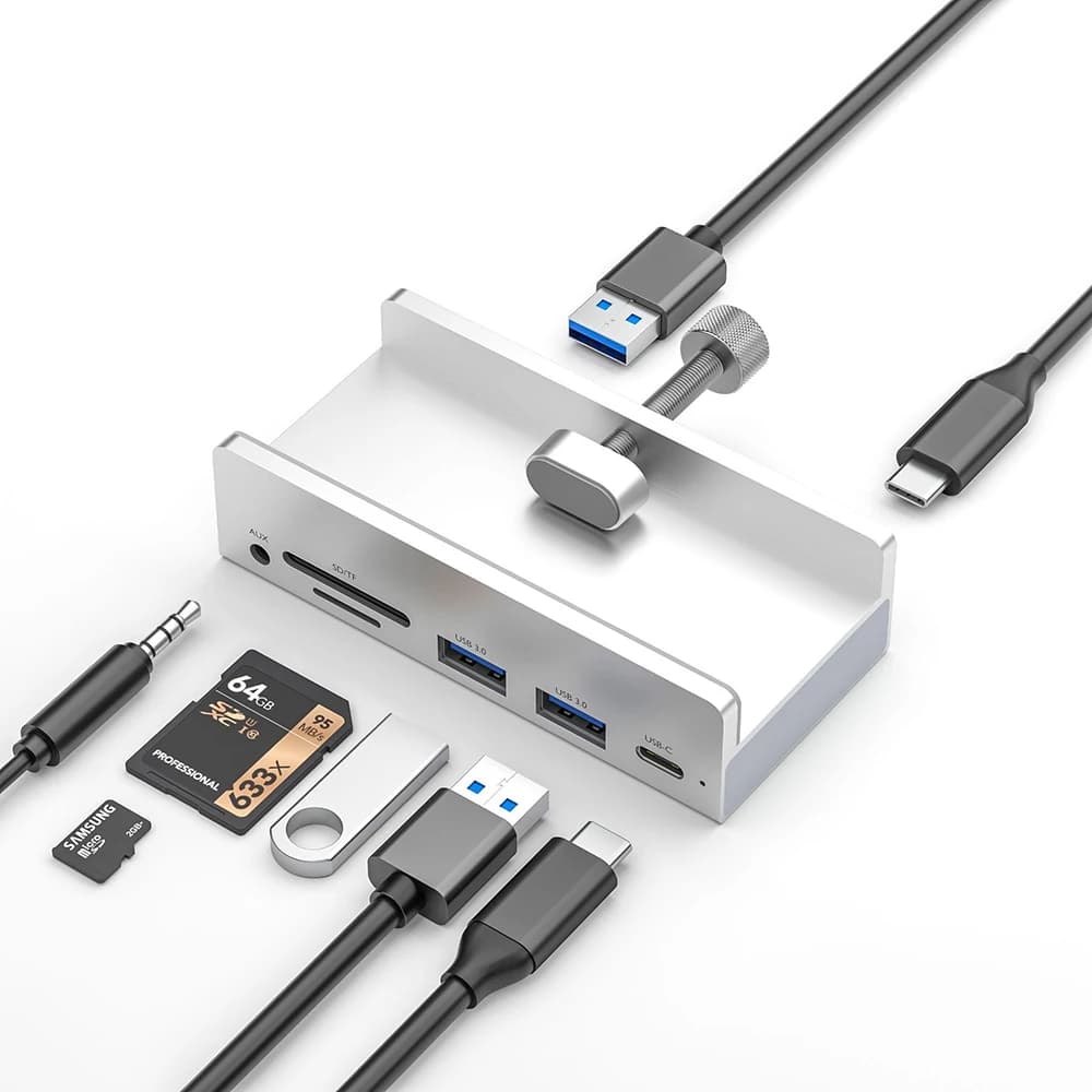 Docking station USB C HUB Montaggio su computer da scrivania Cavo AUX tipo C da 3,5 mm Lettore di schede Micro SD Dock di ricarica per trasferimento dati disco