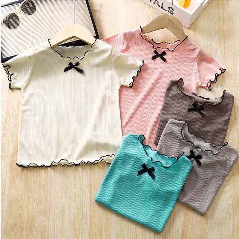 Maglietta Estiva a Maniche Corte per Bambini, T-shirt alla Moda per Bambine, Abbigliamento Comodo per Bambini con Collo Arricciato