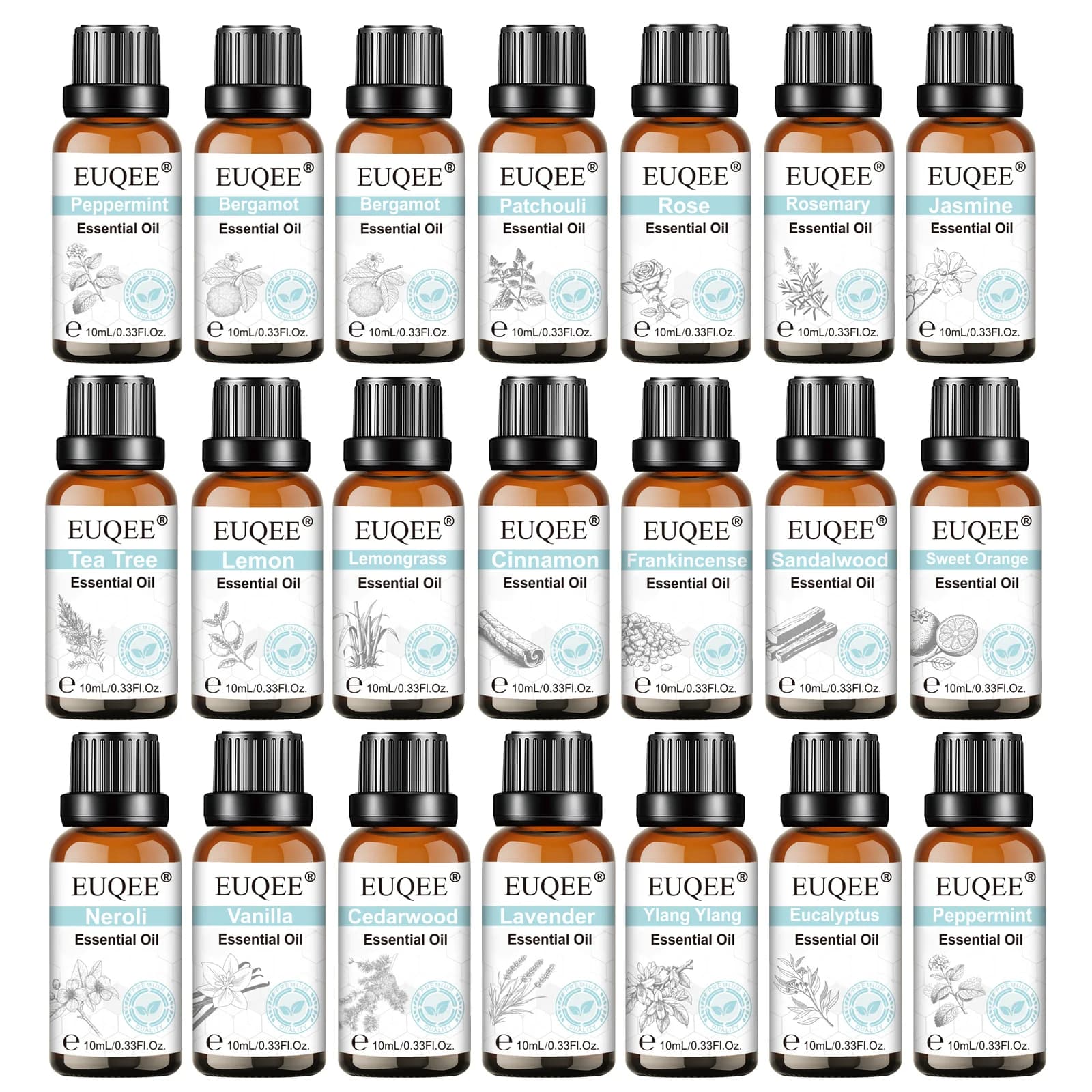 EUQEE Olio essenziale naturale da 10 ml per umidificatore, diffusore, produzione di candele - Oli essenziali per aromaterapia all'eucalipto, vaniglia e citronella