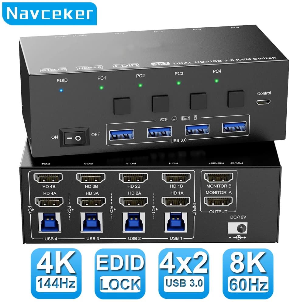 Navceker 8K KVM Switch HDMI 4 Port 4K 120Hz USB 3.0 KVM Switch 4 PC 2 Monitor EDID Emulator Dual Monitors Share Keyboard Mouse