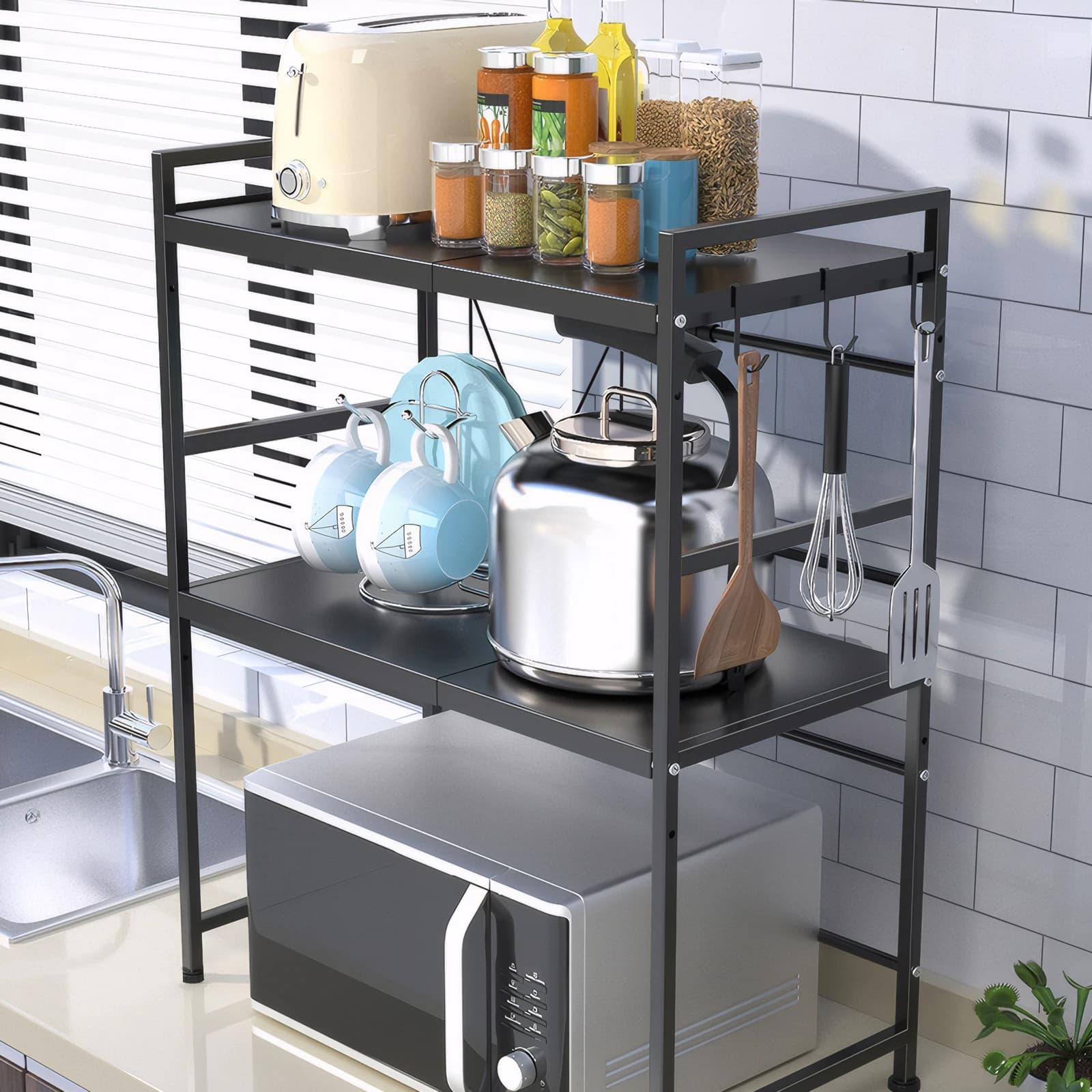 2 Tier Microwave Stand Retractable Condiment Organizer Stand Oven Organizer Shelf for Countertop Kitchen Utensils Tableware