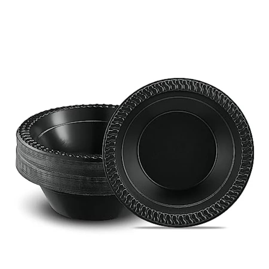100 PCS Black Plastic Bowls Light Weight 12 oz Plastic Soup Bowls Black Salad Plates Disposable for Party and Wedding