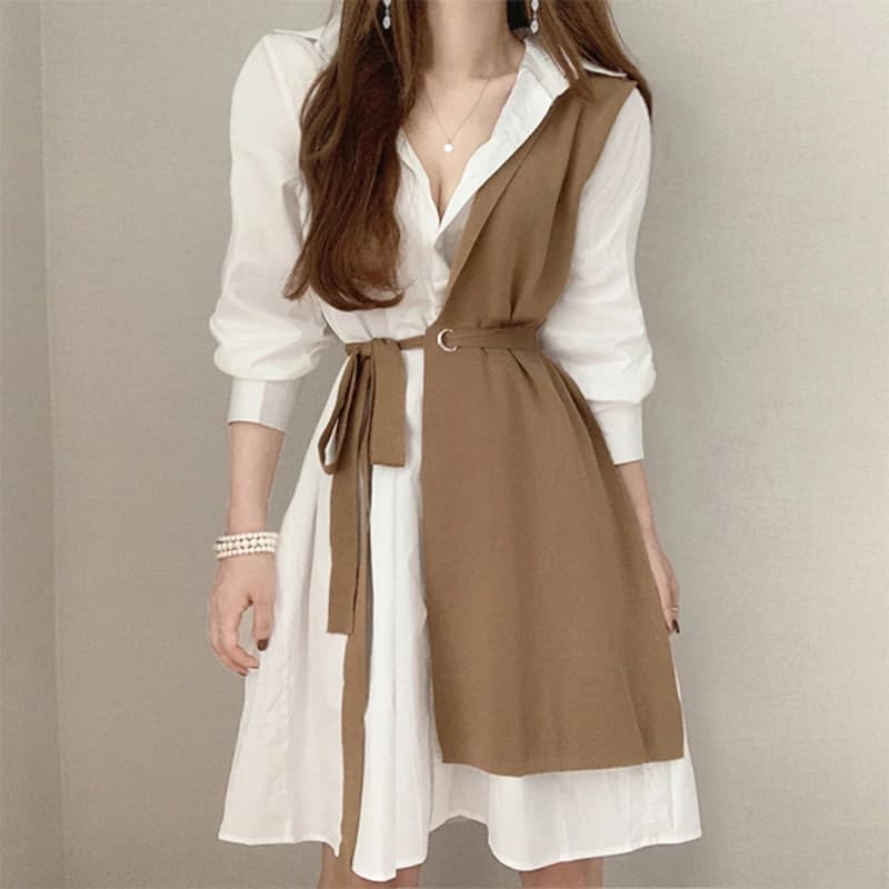 Elegant Chic Stand Collar Color Block Design Belted Slim Fit Bubble Sleeve Dress Women's Commute Style High Waist Long Sleeve