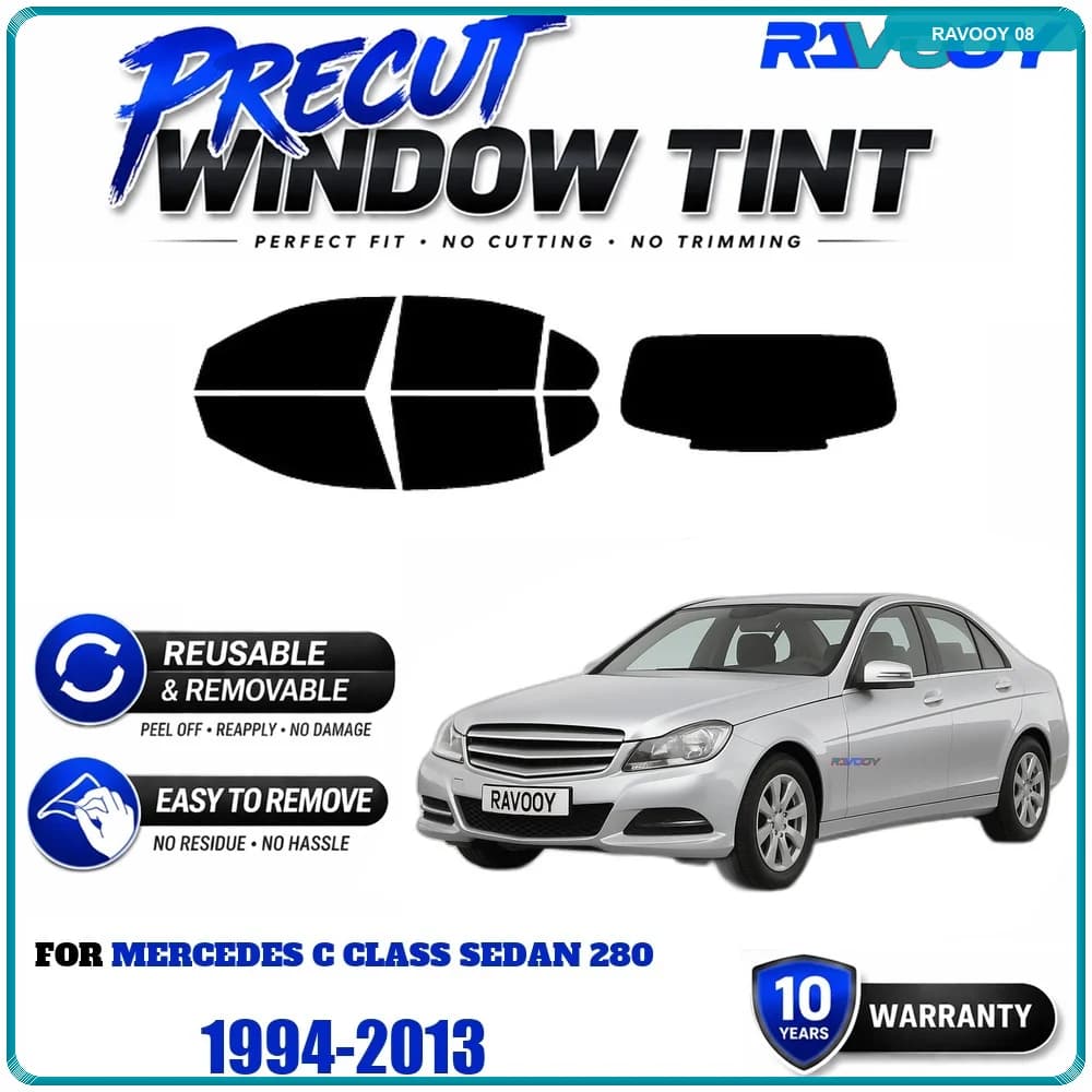 RAVOOY Precut Window Tint, Reusable Removable EPU Film, Custom Fit for Mercedes C Class Sedan 280 1994-2013, UV Heat Protection