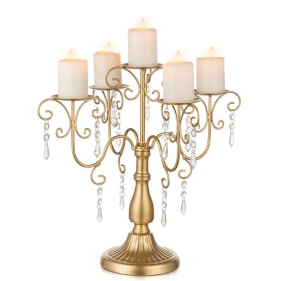 Centrotavola Candelabro Dorato - Portacandele a 5 Bracci con Perle di Cristallo per Centrotavola Natalizio
