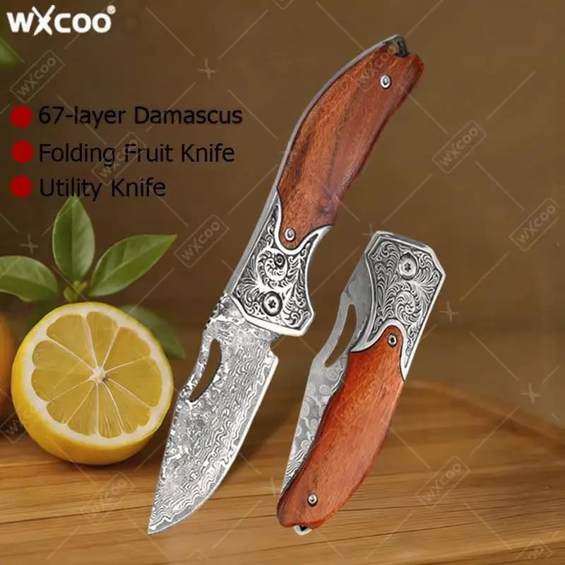 WXCOO Folding knife Damascus VG10 Multipurpose knife with wooden handle for kitchen Fruit knife Kitchen ovens