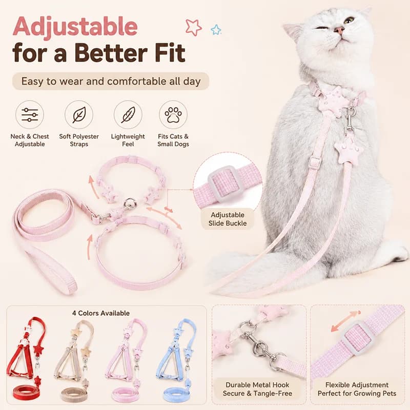 Cat Dog Harness Leash Set for Walking Small Pet Adjustable Anti Escape Cat Vest with Star Charm Cat Accessorie