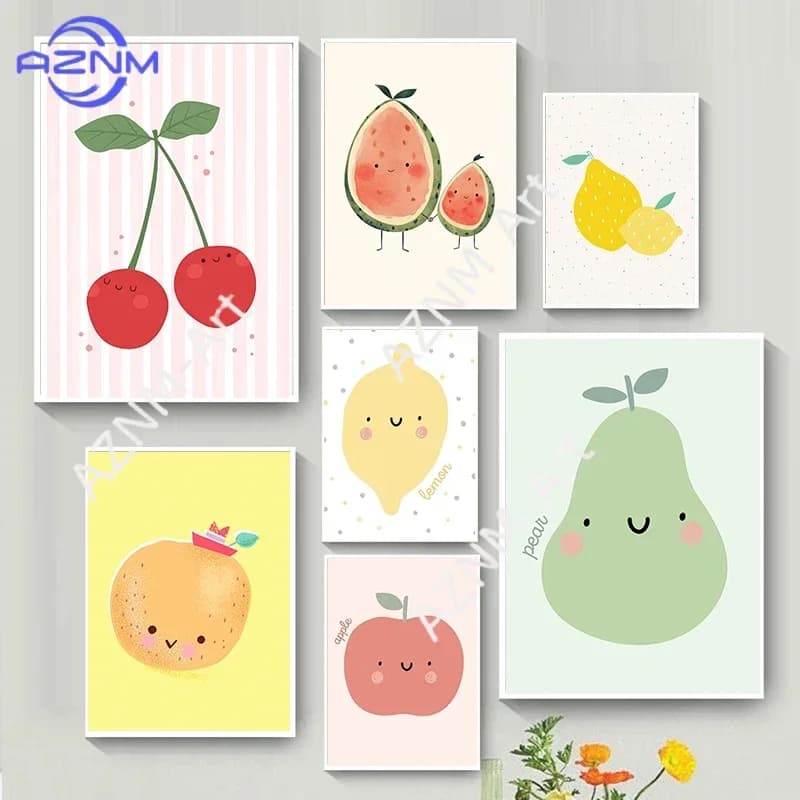 Minimalist Cartoon Fruit Art Aesthetic Illustration Poster Canvas Print Mural Living Room Bedroom Home Decor Loved By Children