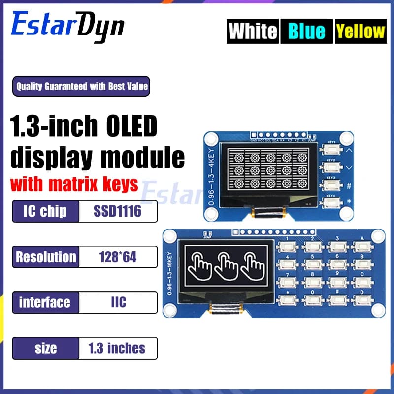 1.3 inch OLED display with 4x4 keyboard module, SSD1116 128x64 Arduino compatible for DIY and Raspberry Pi projects
