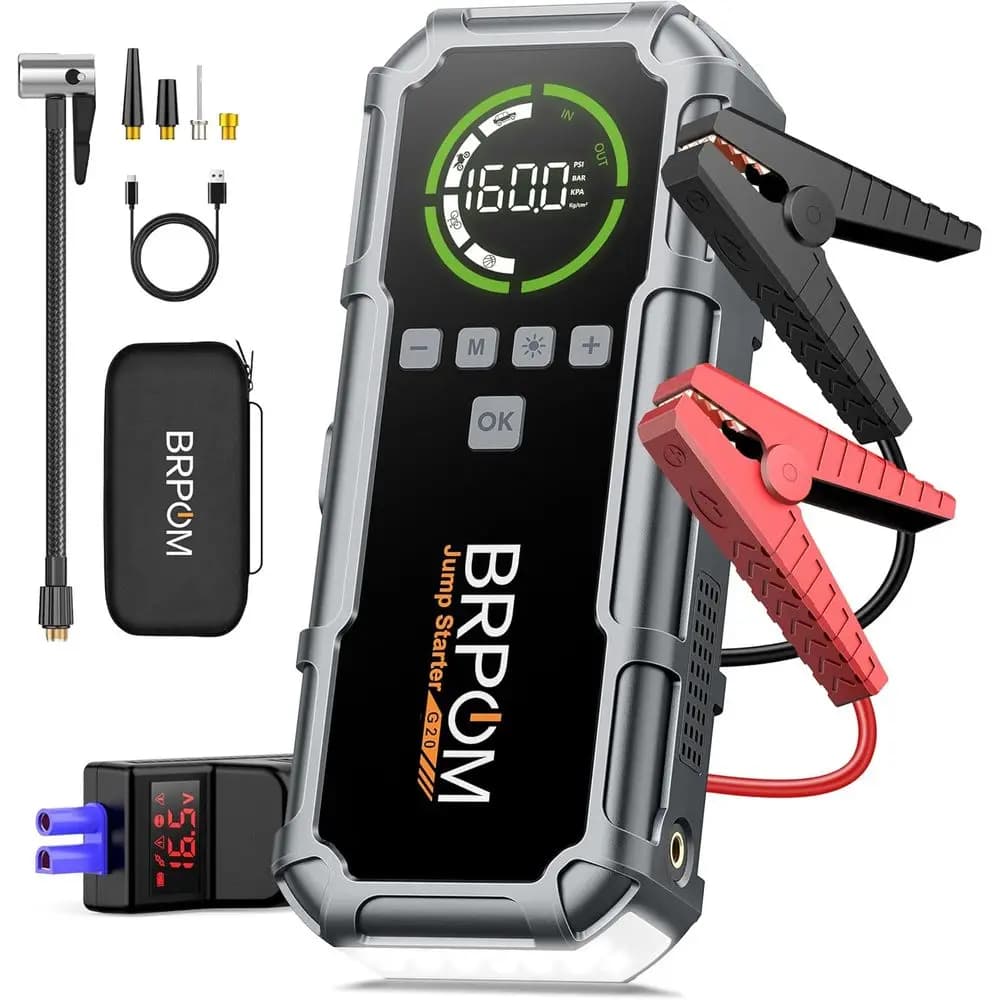 Avviatore d'Emergenza Portatile 8000A con Compressore d'Aria, Batteria 12V, Display LCD, Torcia da 600 Lumen