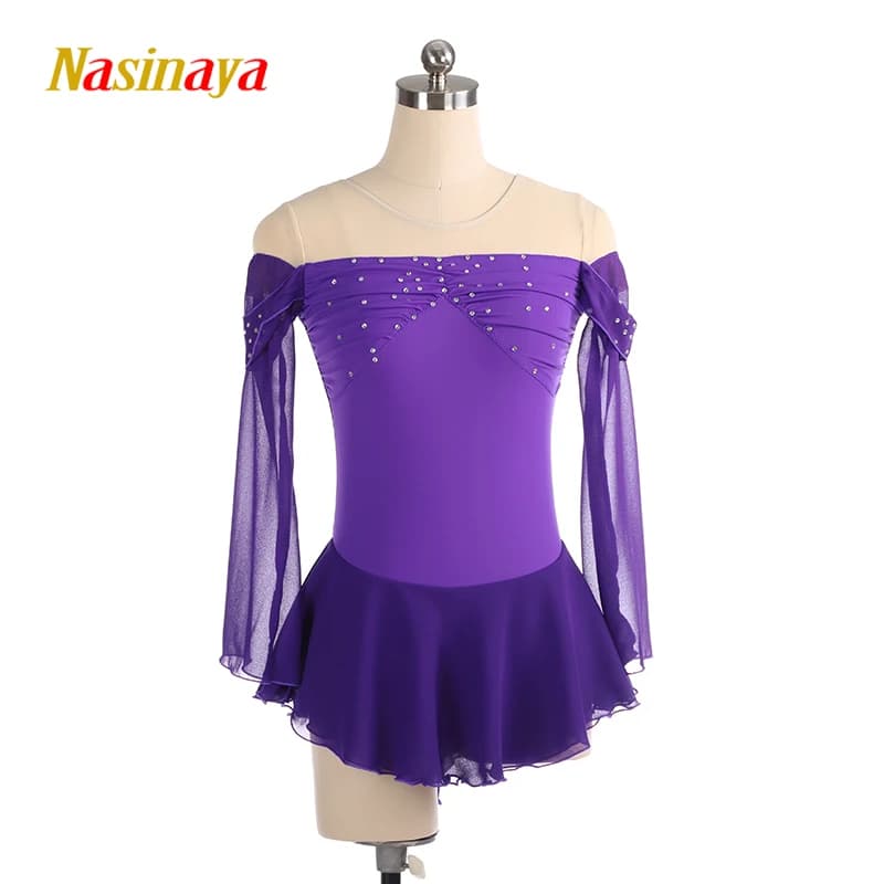 Abbigliamento da competizione di pattinaggio di figura Gonna da ghiaccio Prestazioni di ginnastica ritmica con spalle scoperte per bambini e donne